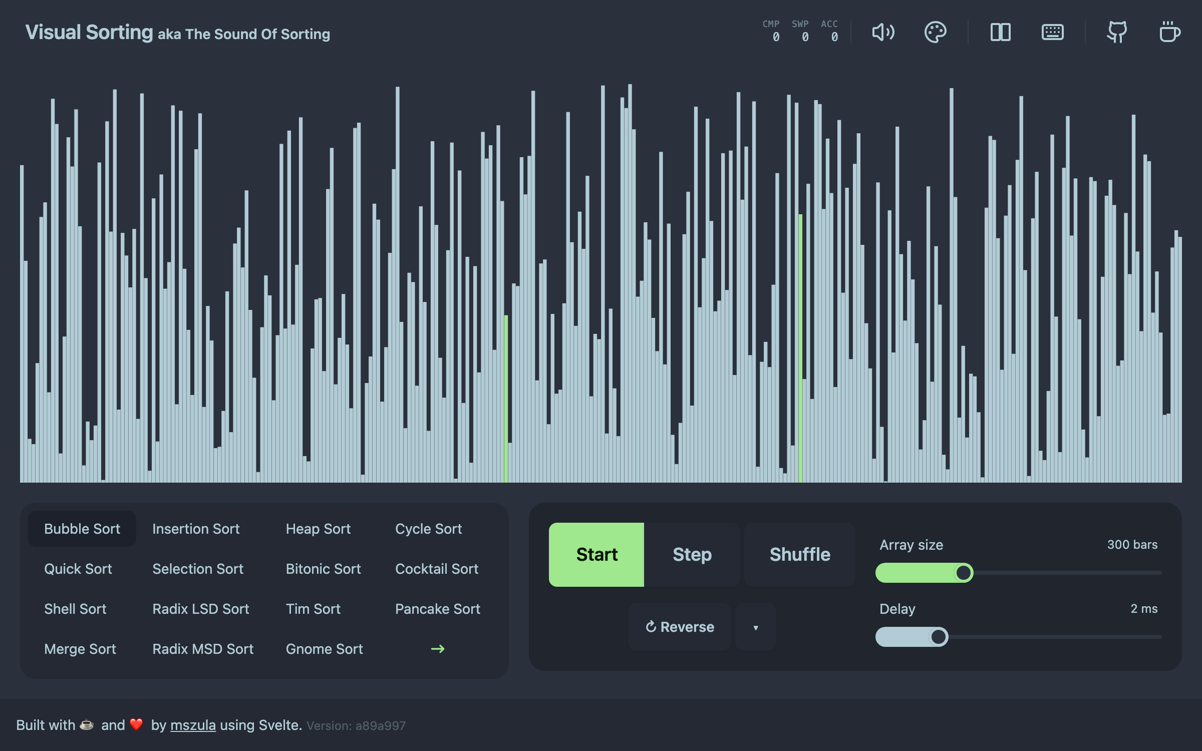The Visual Sorting app: a screen full of bars with the algorithm picker and controls