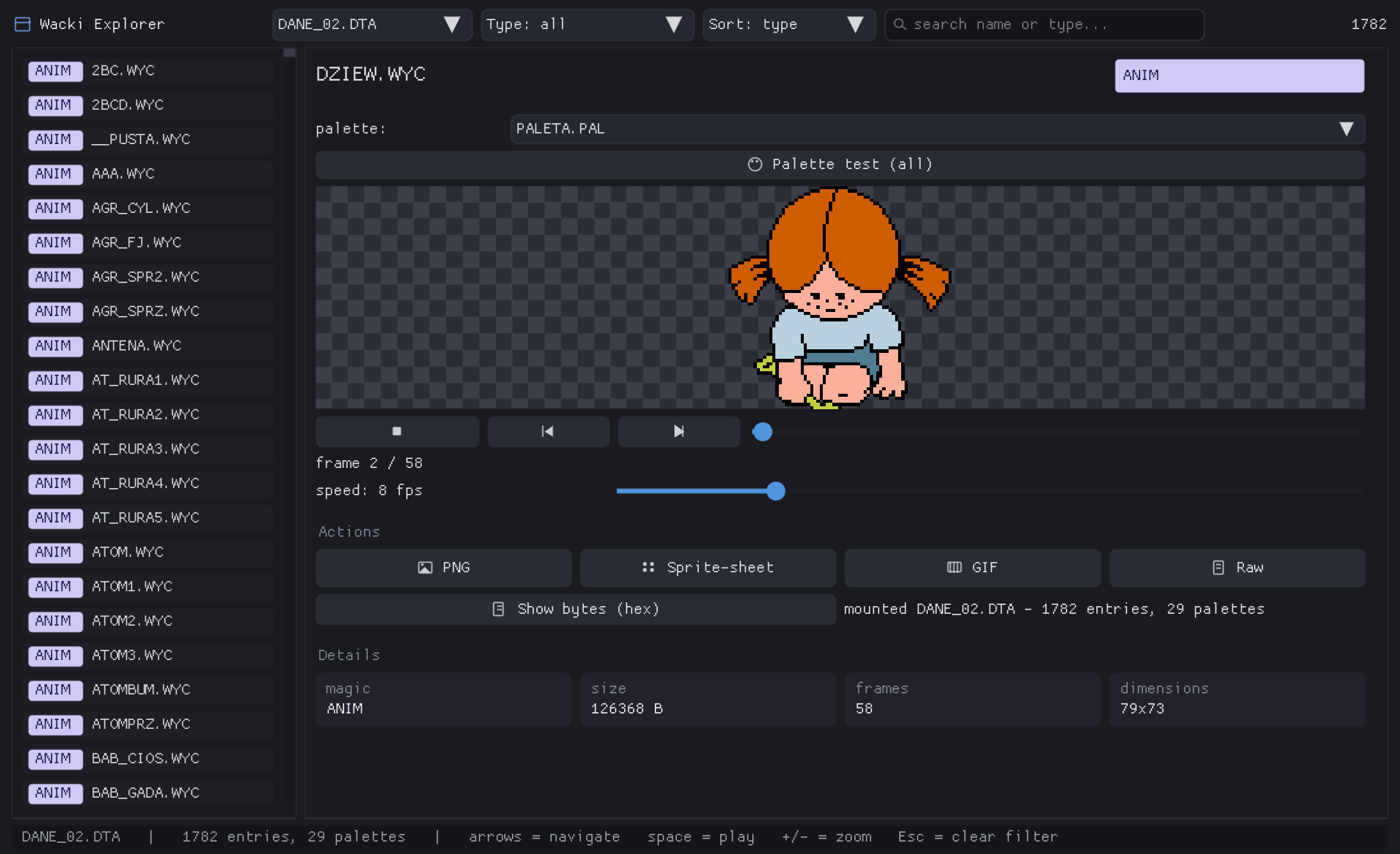 Wacki Assets Explorer — po lewej lista zasobów archiwum, w centrum podgląd animowanego sprite'a postaci na szachownicy przezroczystości, nad nim selektor palety, pod spodem kontrolki klatek i panel ze szczegółami zasobu